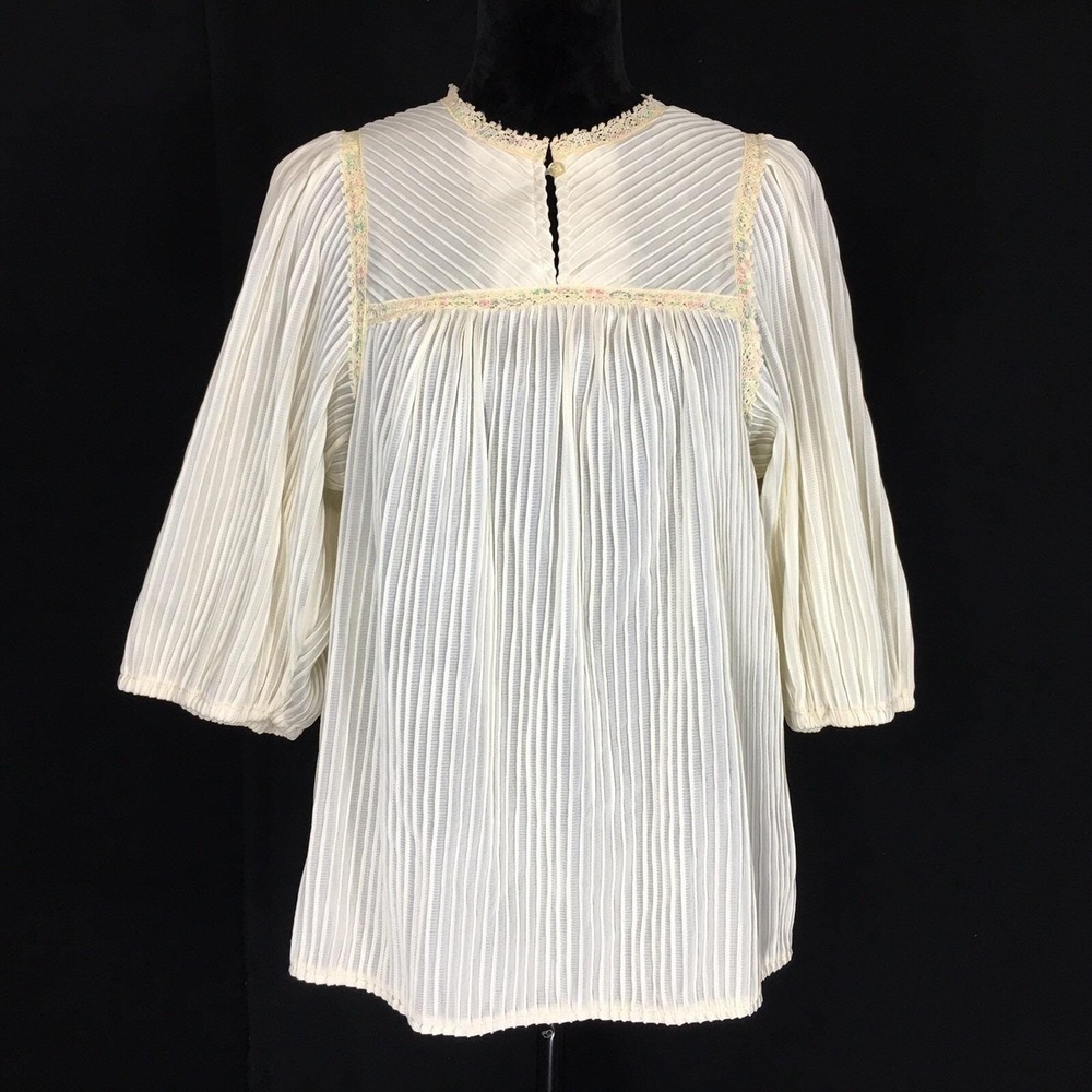 VTG 70s MISS KALICO Top LARGE Cream Pleat Keyhole Pastel‎ Lace Babydoll Wide Sl